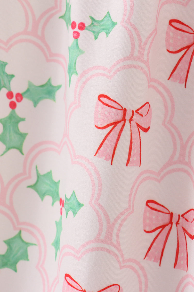 Pink christmas holly print women pajamas pants