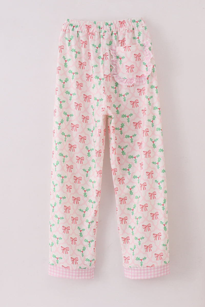 Pink christmas holly print women pajamas pants