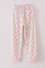 Pink christmas holly print women pajamas pants