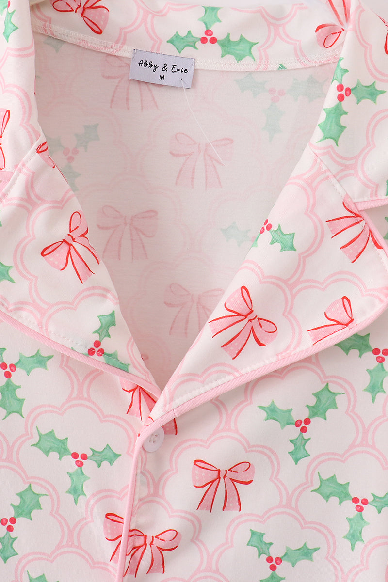 Pink christmas holly bow print women gown