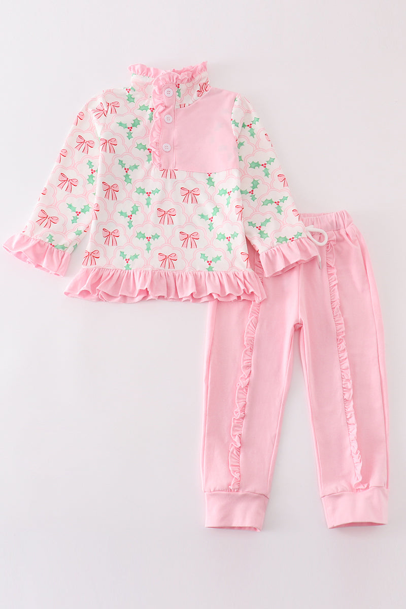 Pink christmas holly bow girl jogger set