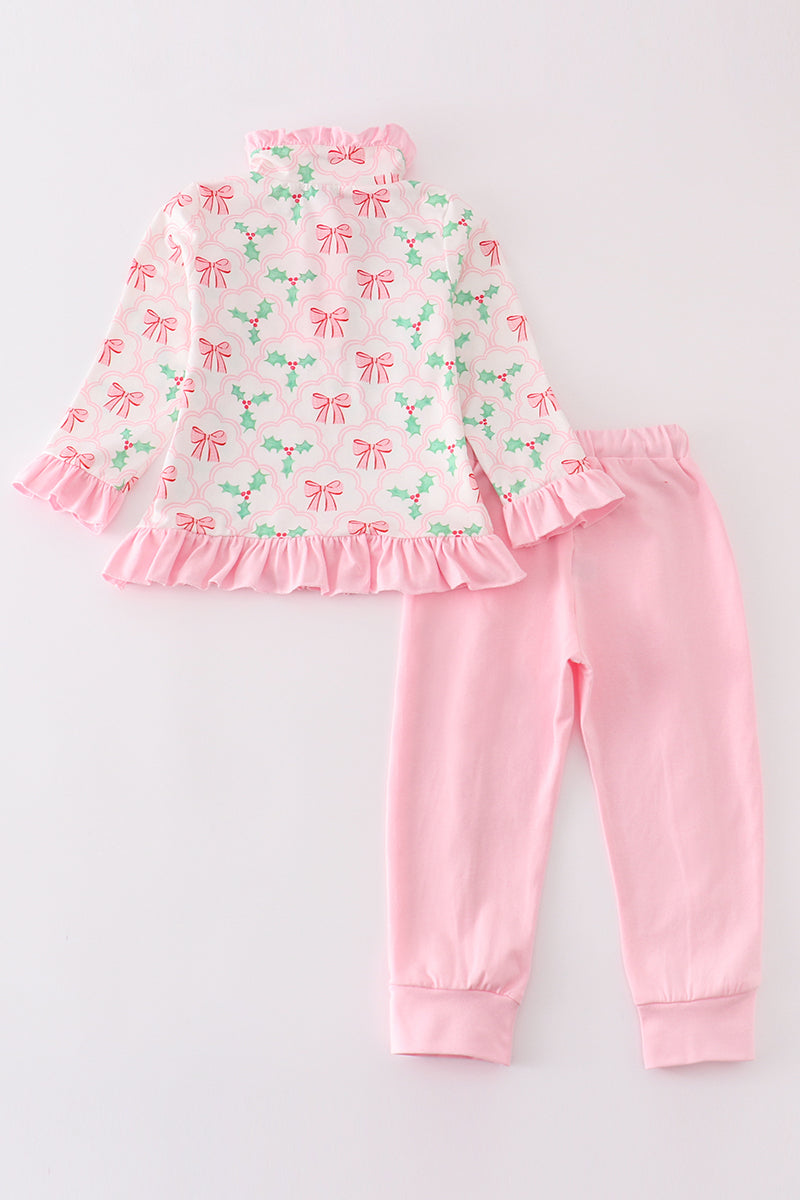 Pink christmas holly bow girl jogger set