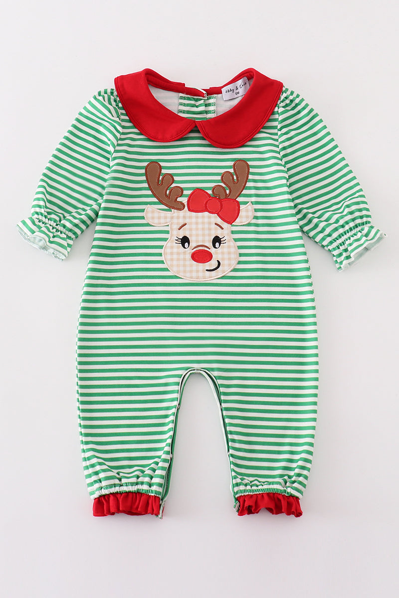 Green stripe christmas deer applique girl romper