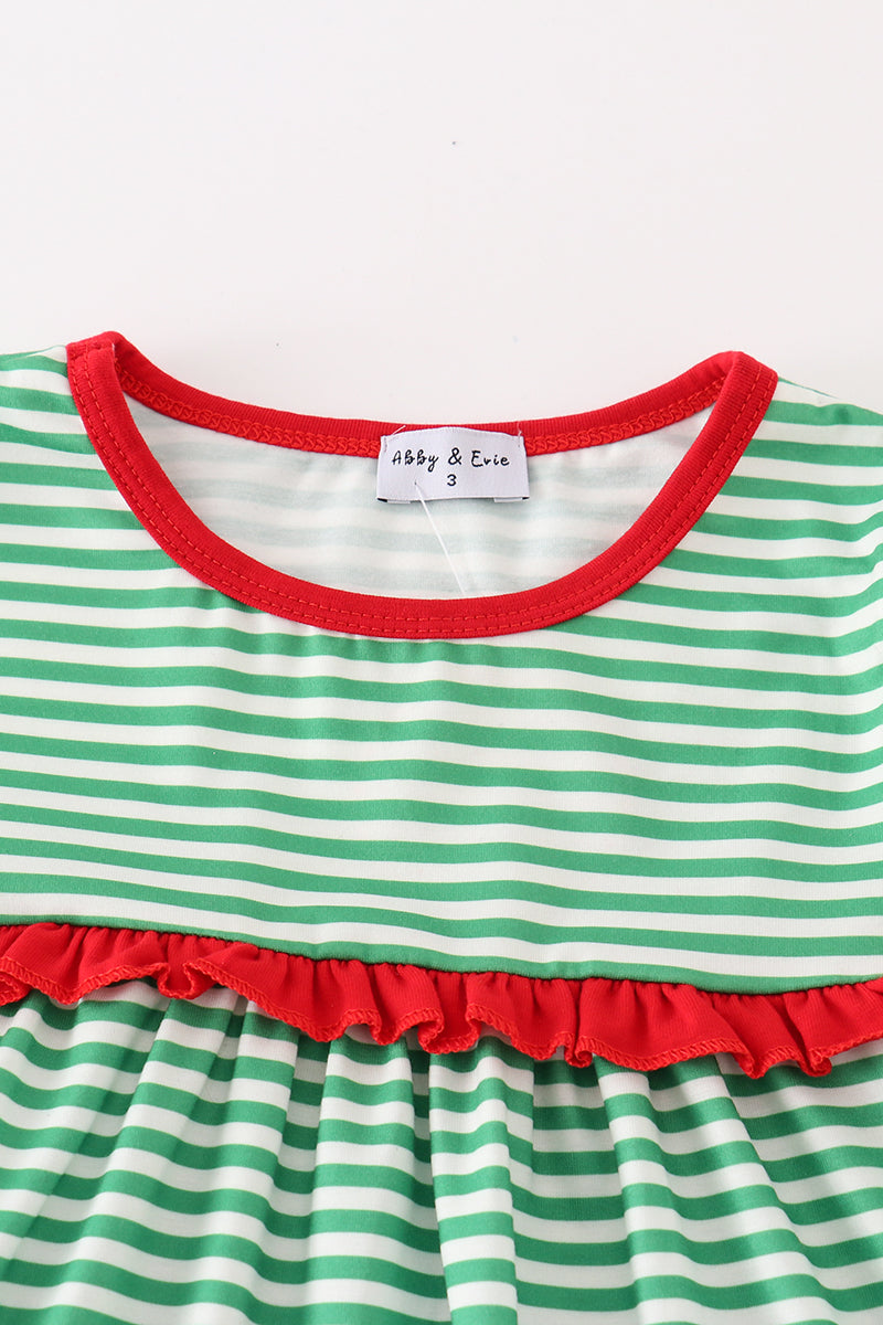 Green stripe christmas deer applique girl dress