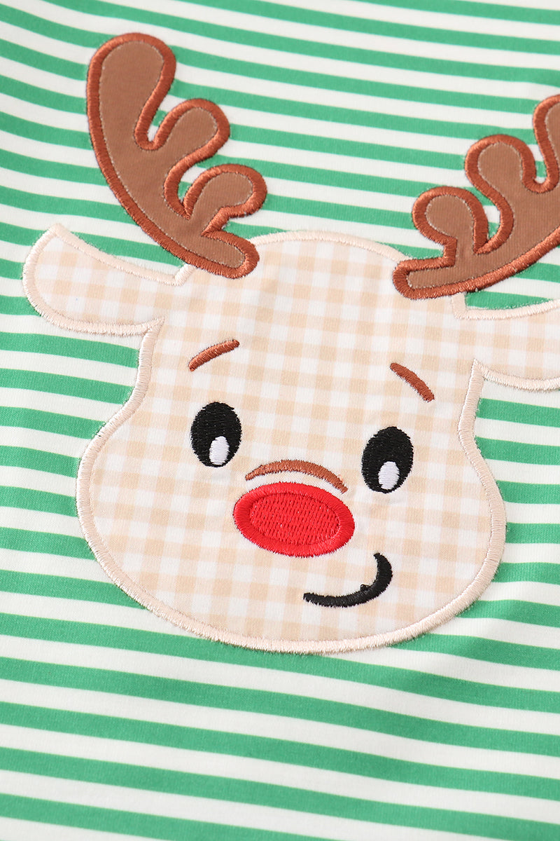 Green stripe christmas deer applique boy set