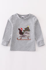 Grey sleigh christmas tree applique boy top