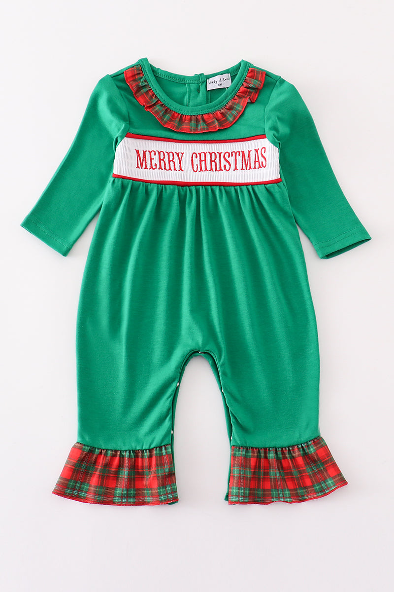 Green merry christmas embroidery girl romper