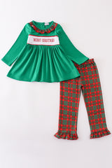 Green merry christmas embroidery girl pants set