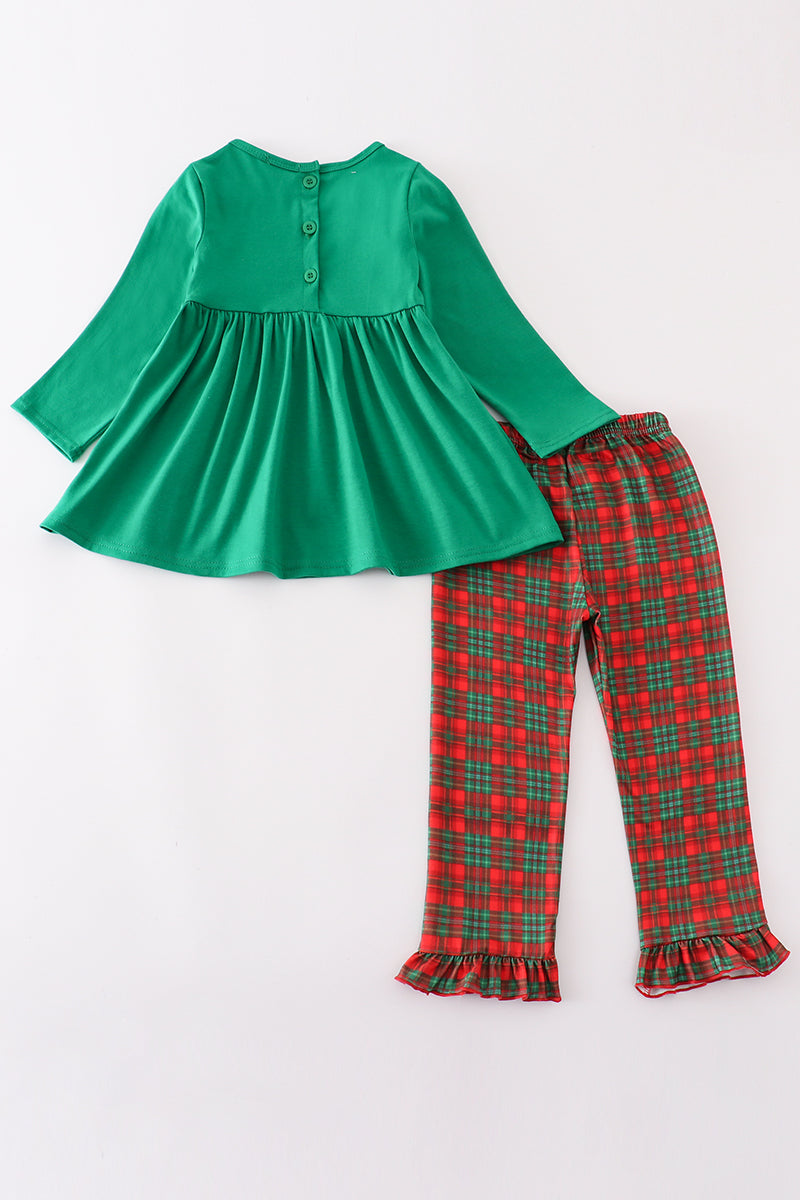 Green merry christmas embroidery girl pants set