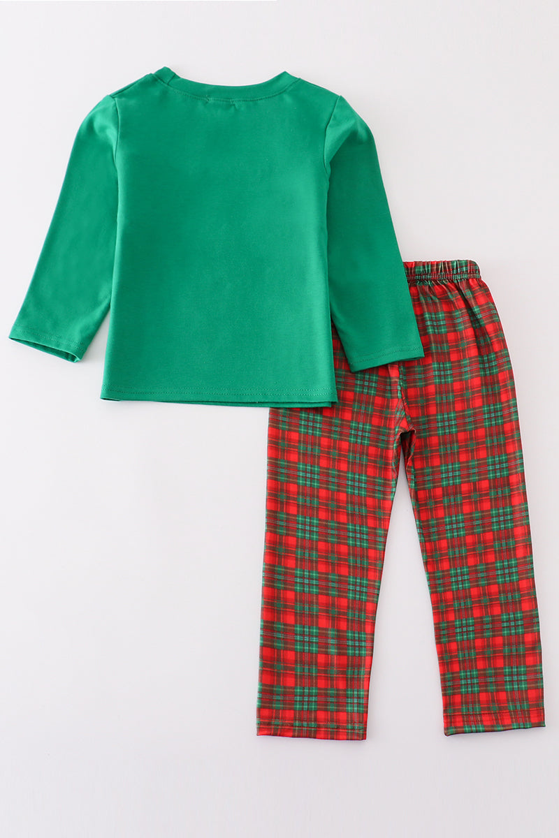 Green merry christmas embroidery boy pants set