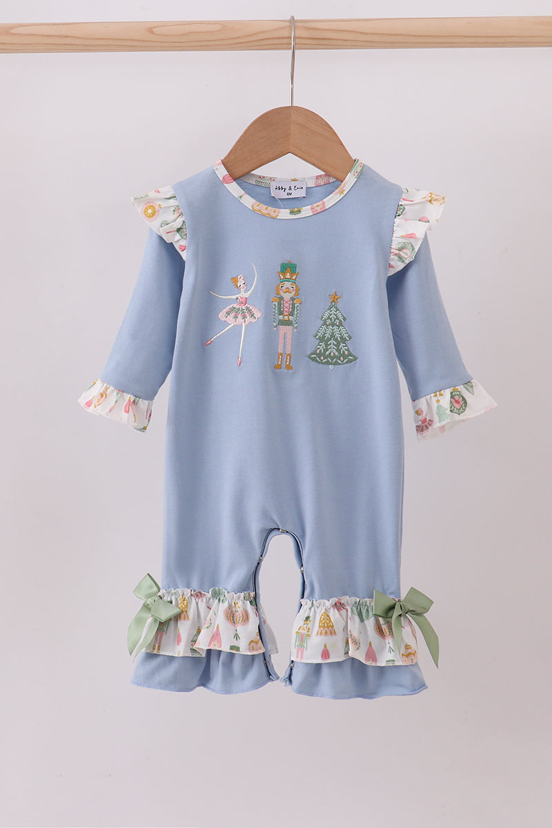 Blue nutcracker embroidery ruffle romper