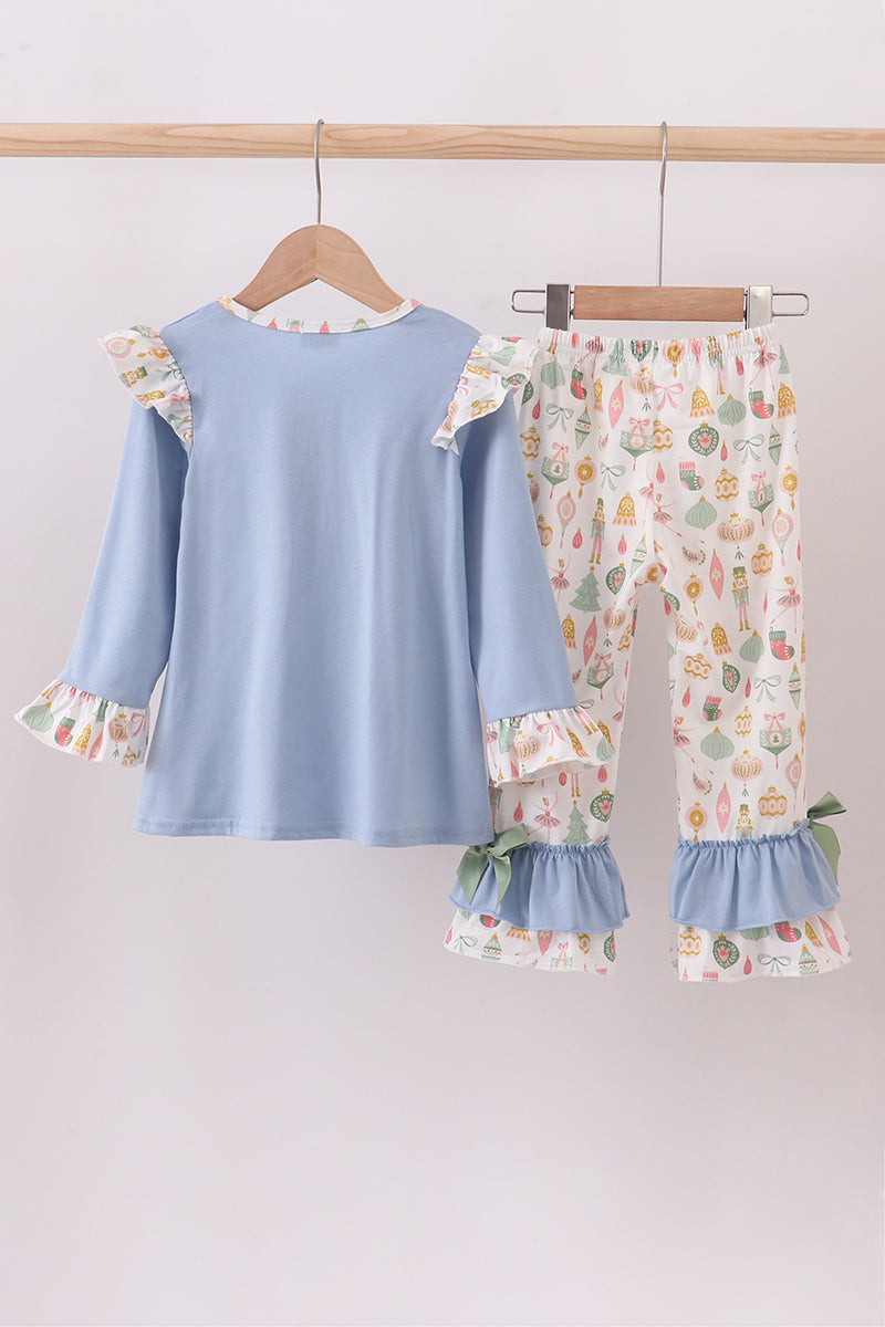 Blue nutcracker embroidery ruffle pants set