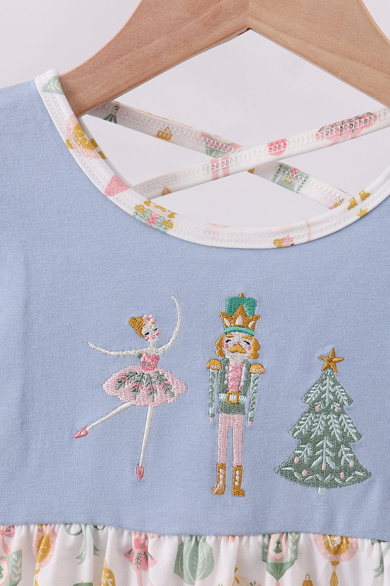 Blue nutcracker embroidery ruffle dress