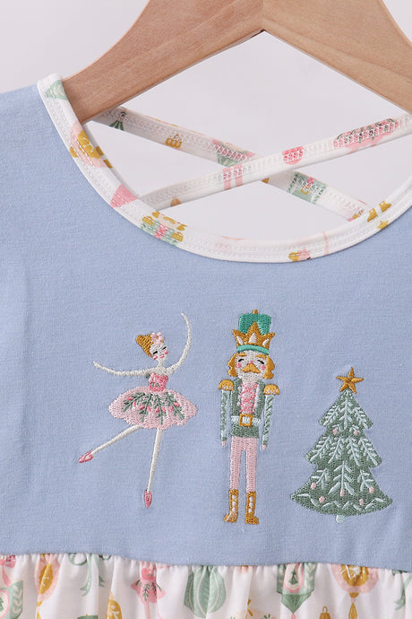 Blue nutcracker embroidery ruffle dress