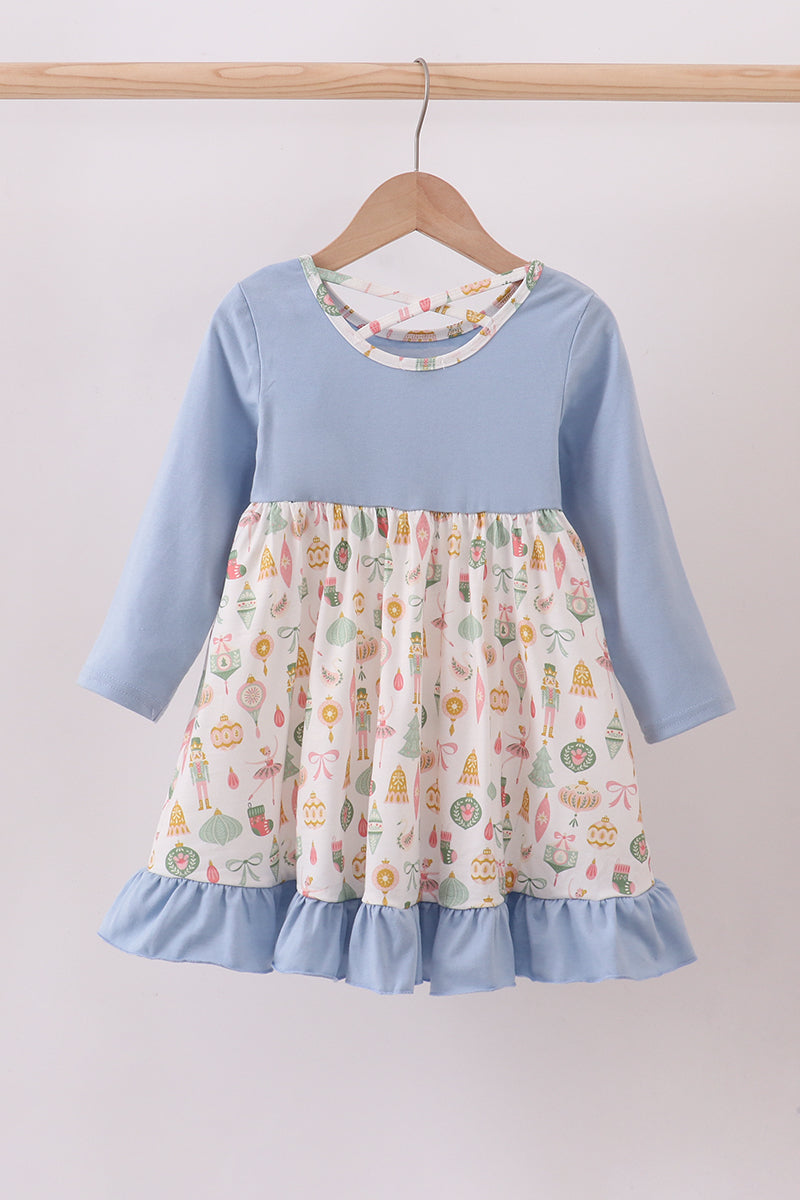 Blue nutcracker embroidery ruffle dress