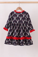 Navy deer print ruffle dress