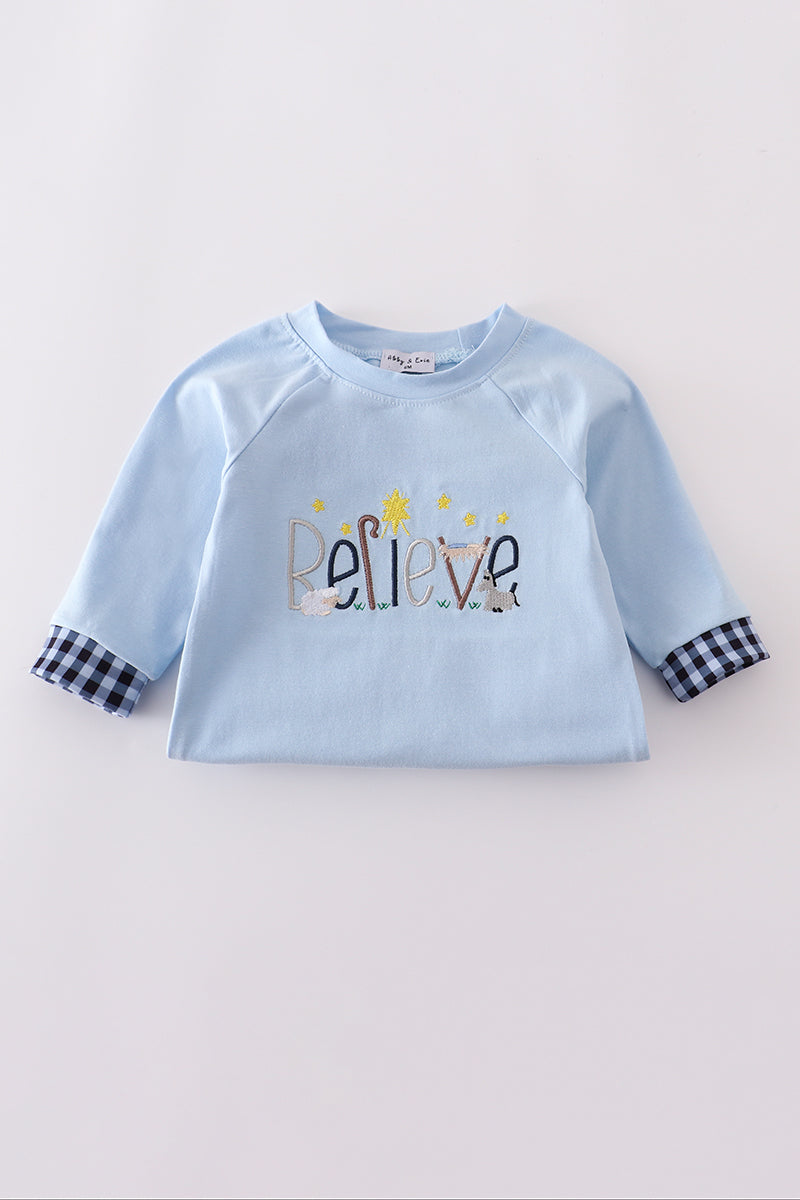 Blue believe embroidery romper