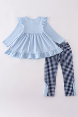 Blue believe embroidery ruffle pants set