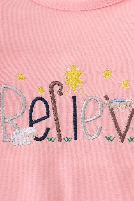 Pink believe embroidery ruffle top