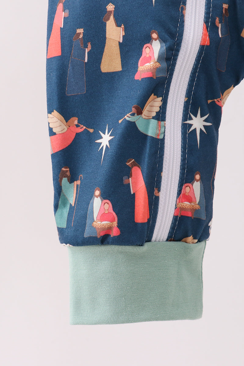 Navy nativity print romper