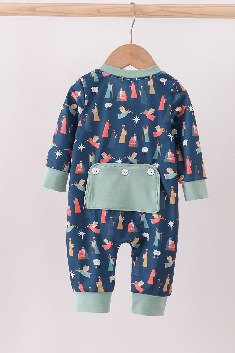 Navy nativity print romper