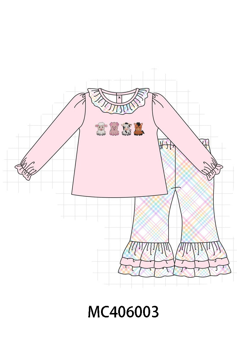 Pink farm animals embroidery girl set