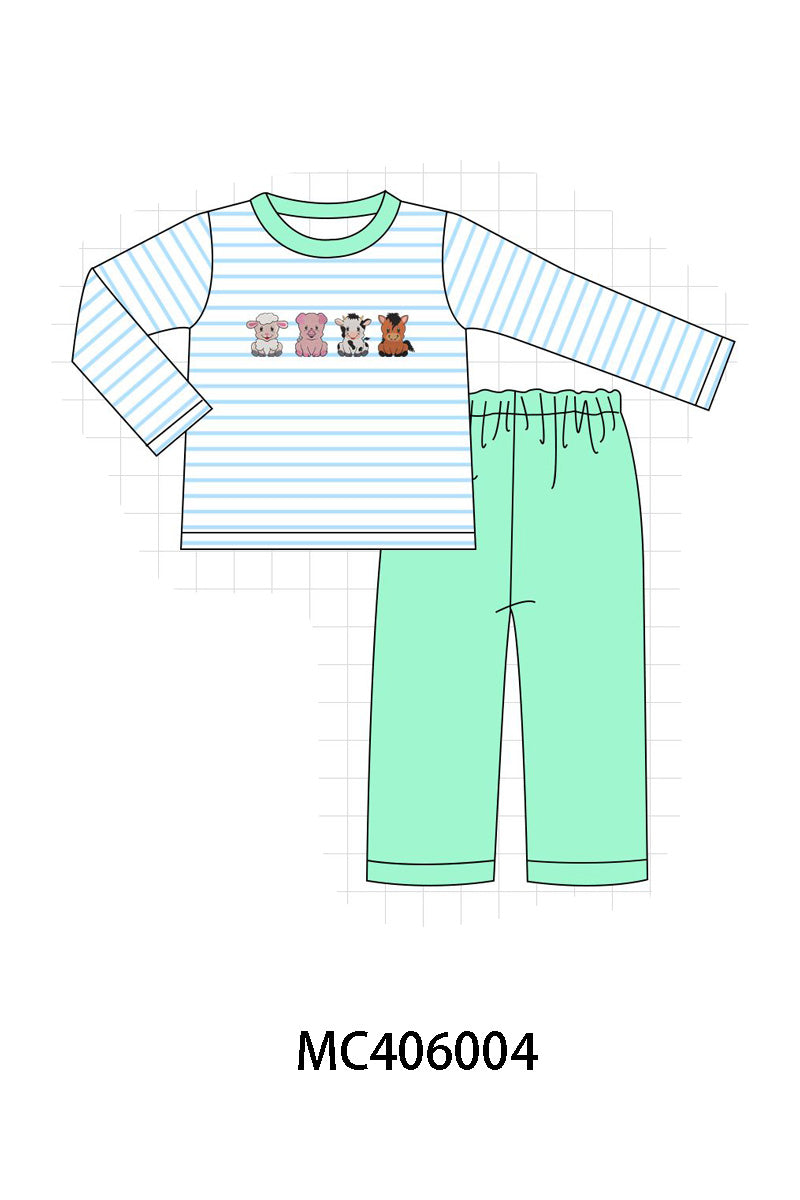 Green farm animals embroidery boy set