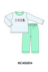 Green farm animals embroidery boy set