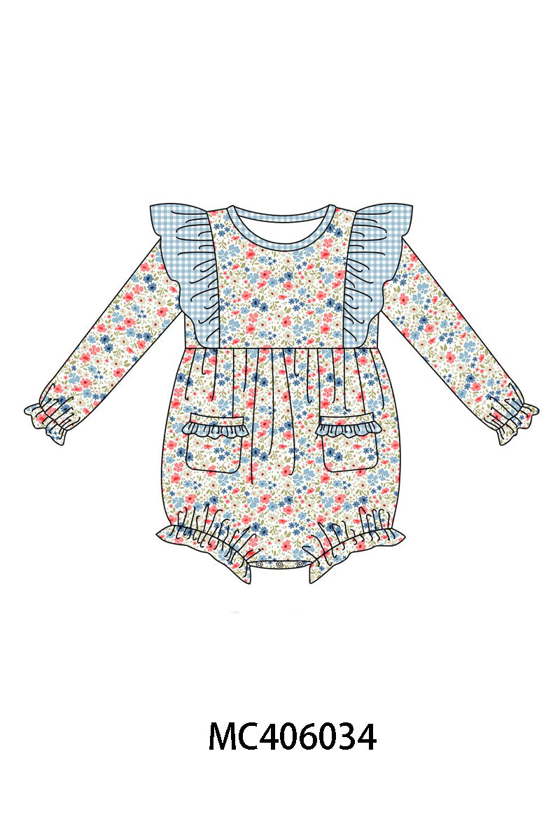 Pink&blue floral print ruffle bubble