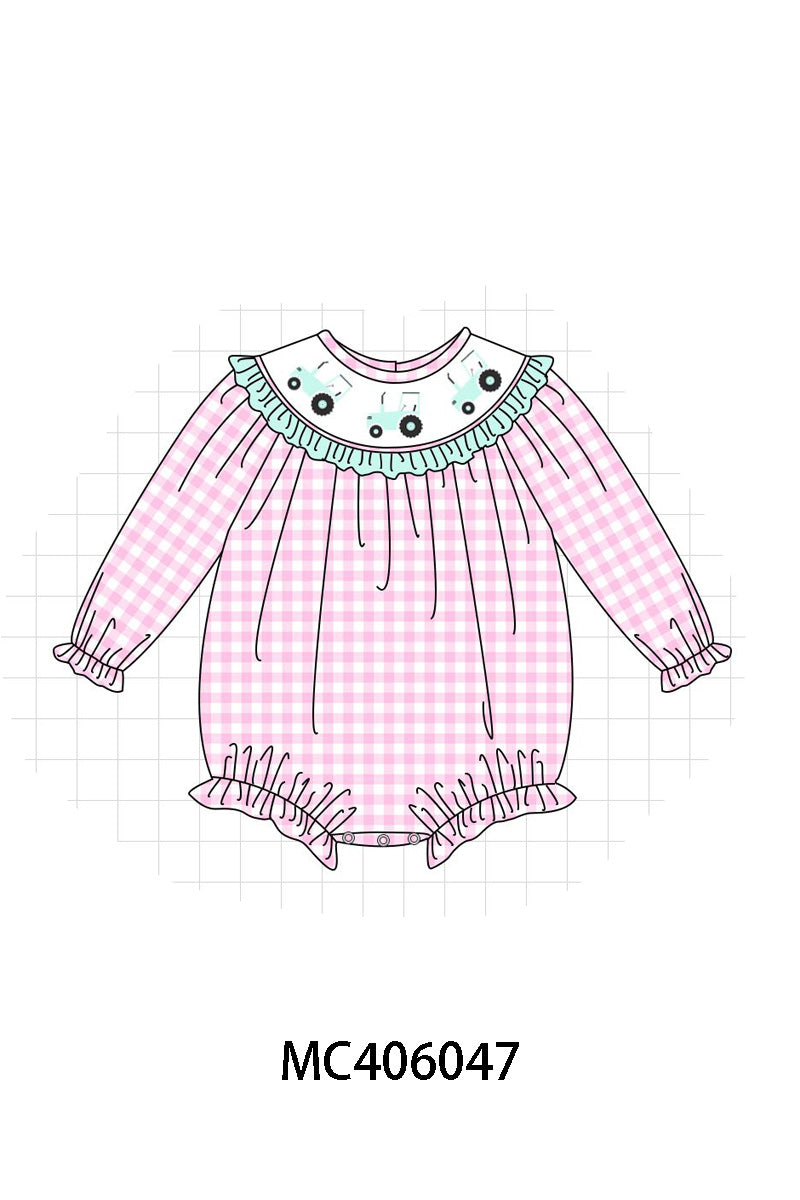 Pink tractor embroidery gingham girl bubble