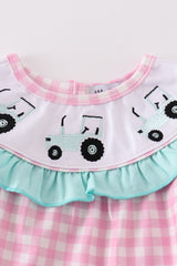 Pink tractor embroidery gingham girl bubble