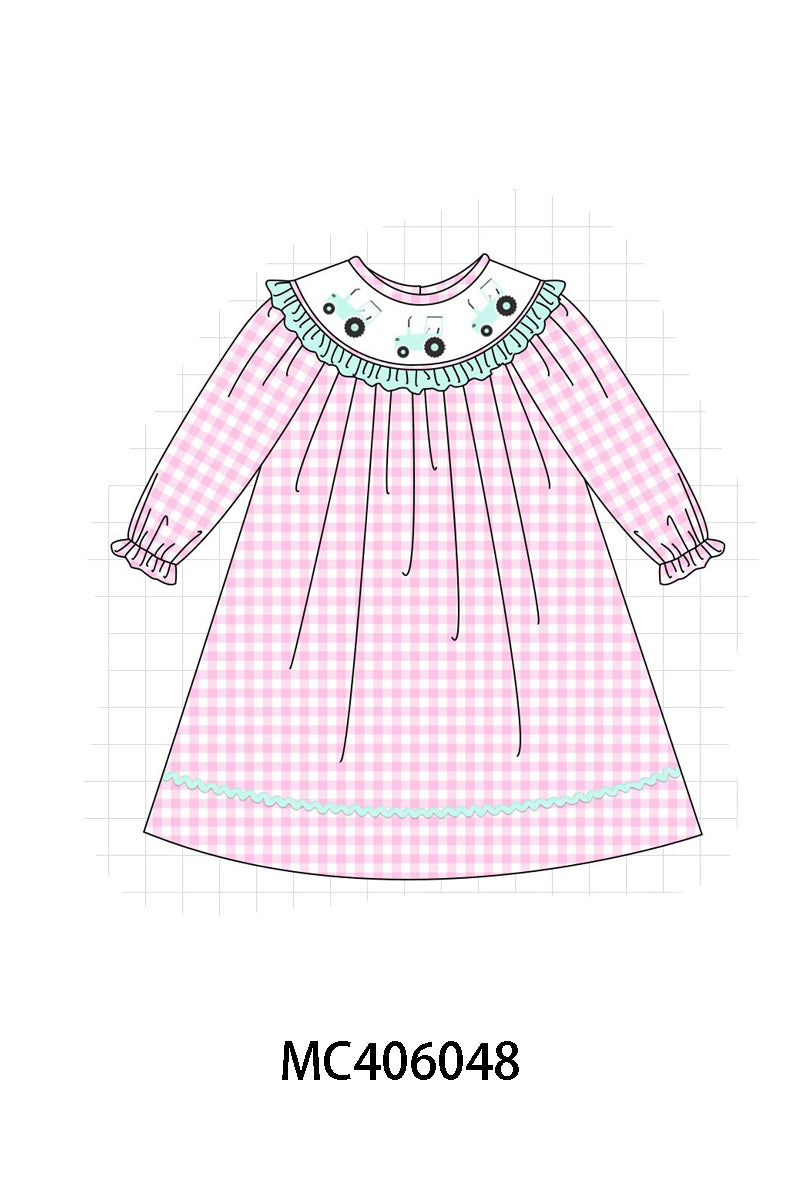 Pink tractor embroidery gingham dress