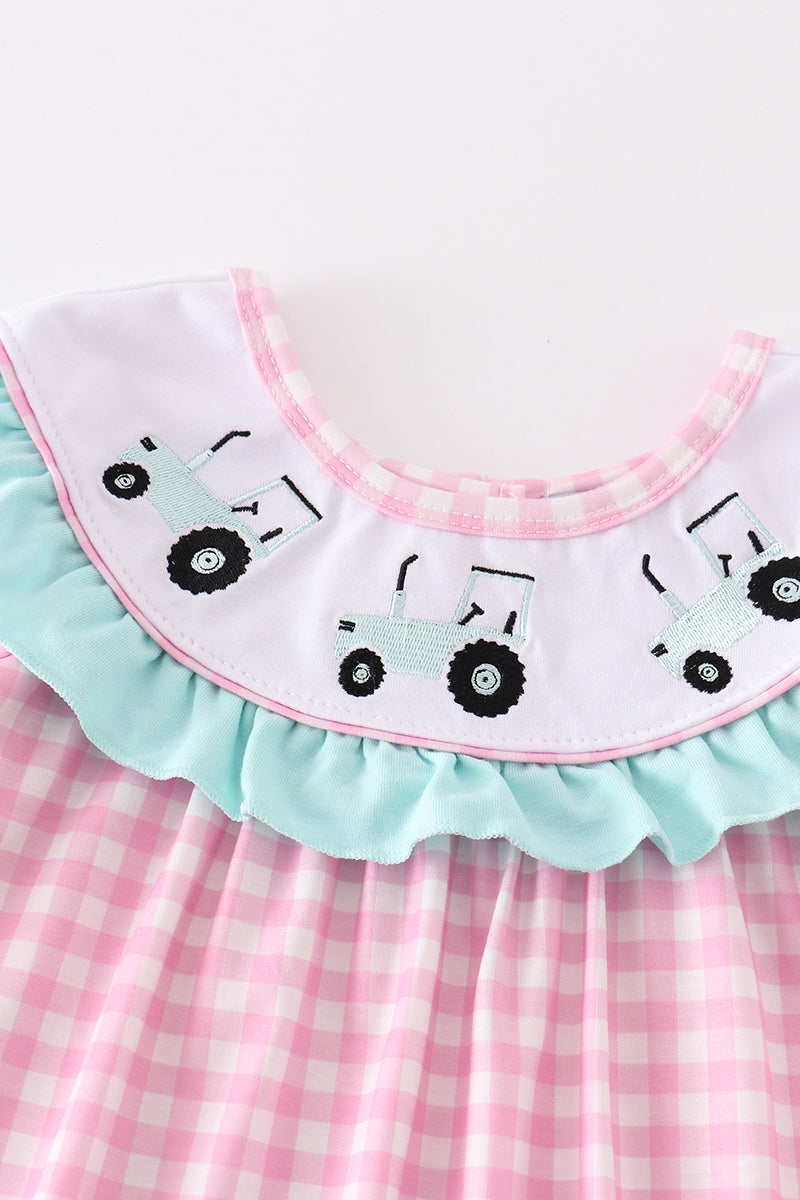 Pink tractor embroidery gingham dress