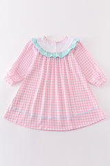 Pink tractor embroidery gingham dress