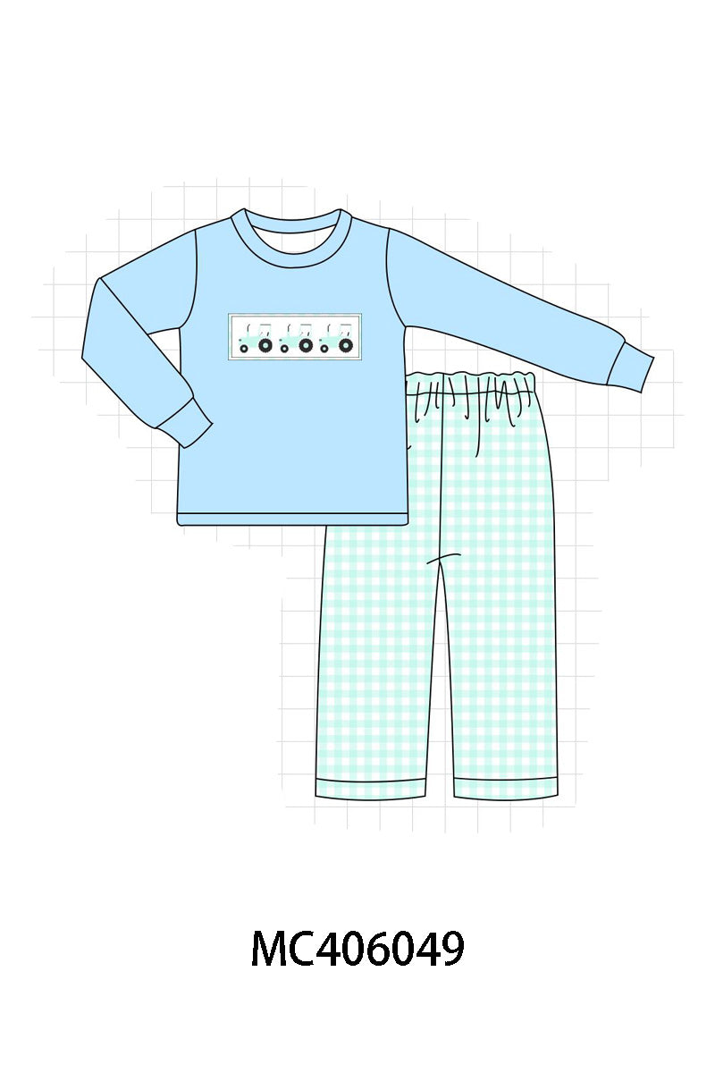 Blue tractor embroidery boy set