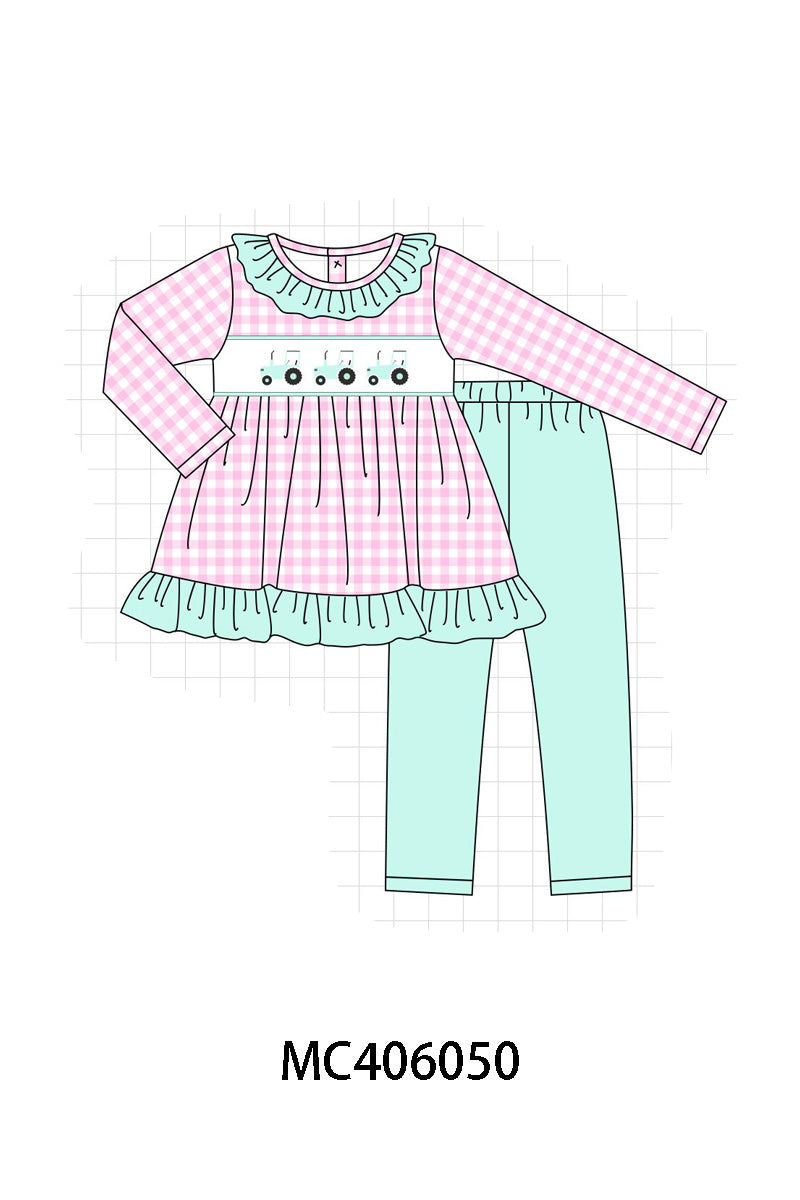 Pink tractor embroidery girl set