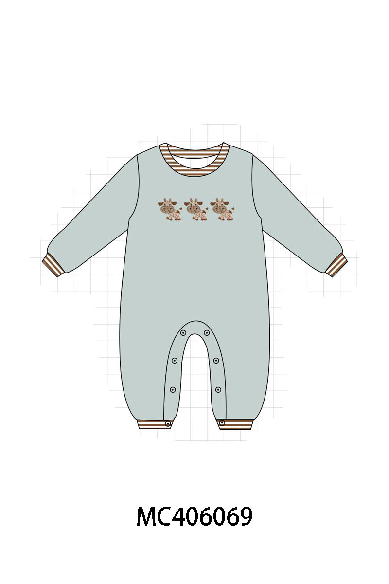 Green farm cow french knot boy romper