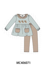 Green farm cow french knot girl set