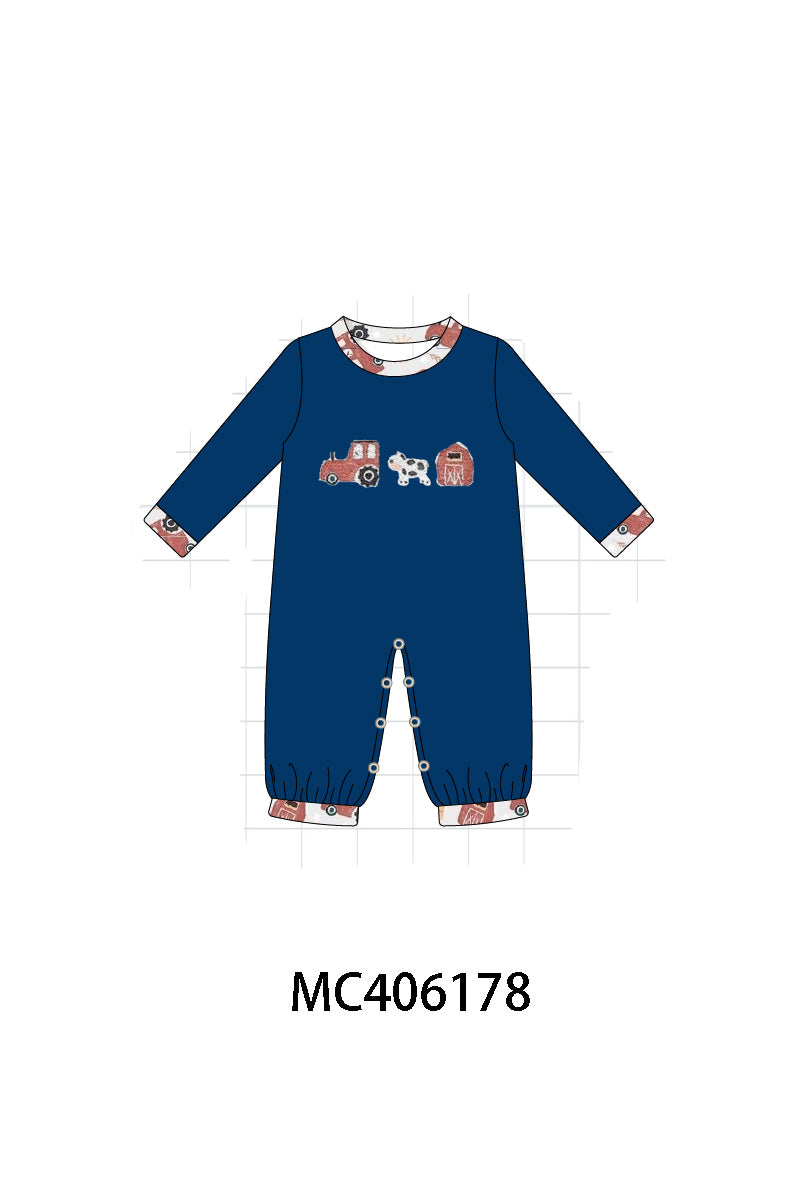 Navy farm french knot boy romper