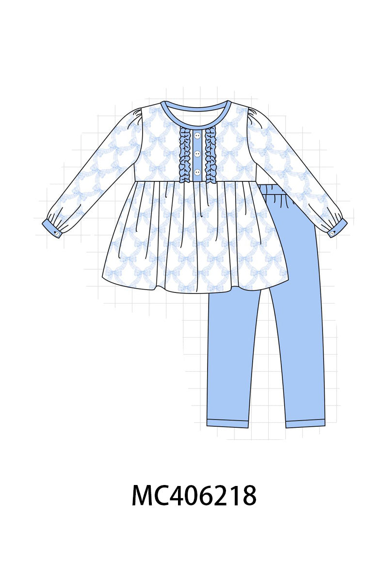 Blue bow girl pants set