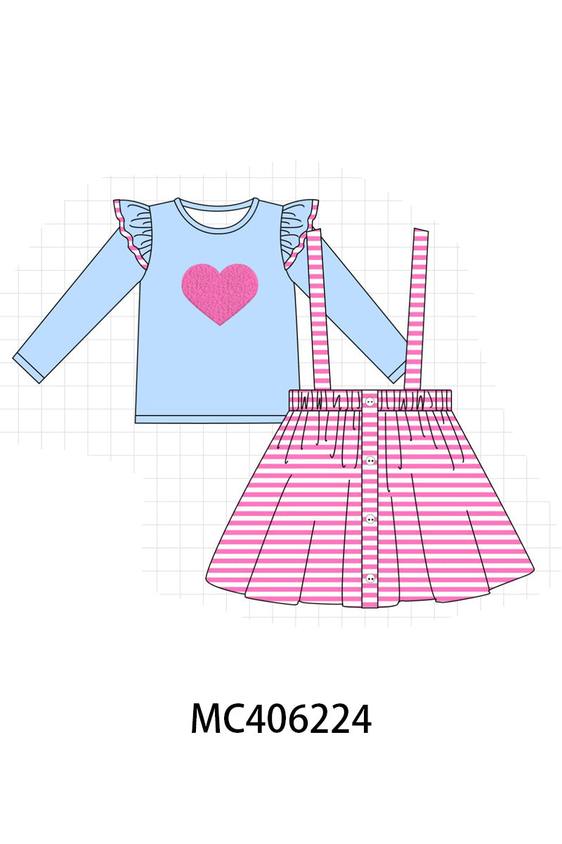 Blue valentine heart french knot girl skirt set