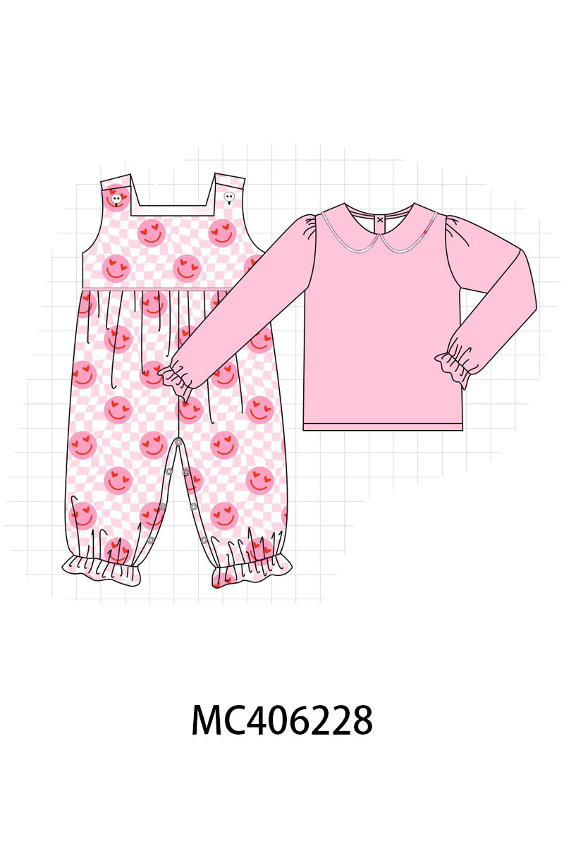 Pink valentine smile print girl jumpsuit set