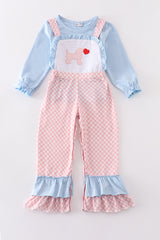 Blue valentine puppy heart applique girl jumpsuit set