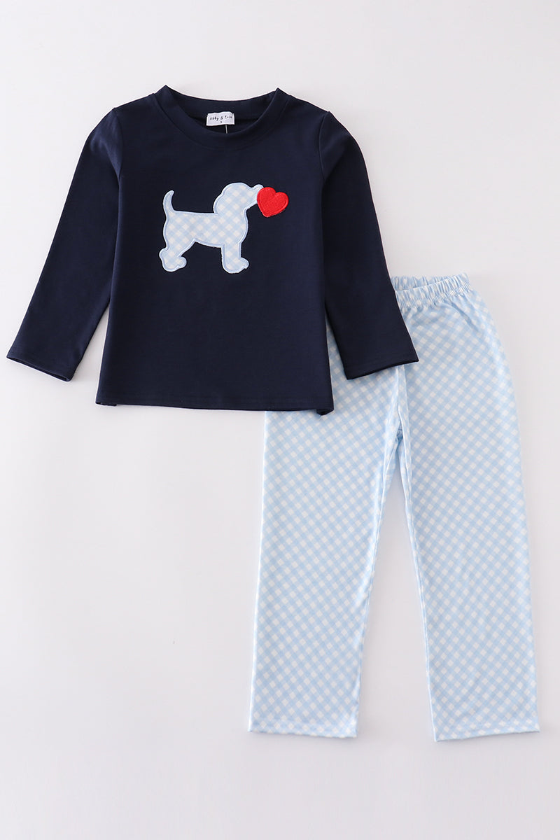 Navy valentine puppy heart applique boy set