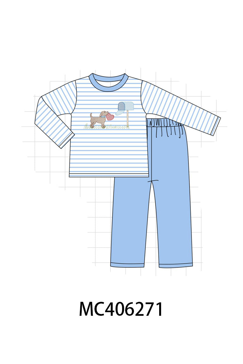 Blue valentine puppy embroidery boy set