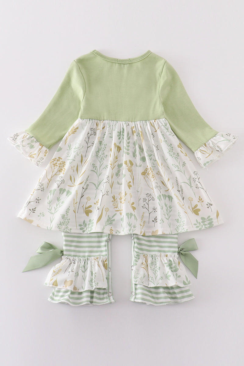 Green botanical girl romper