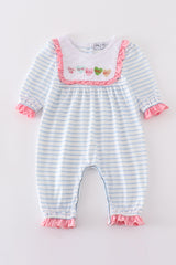 Blue stripe valentine heart embroidery girl romper