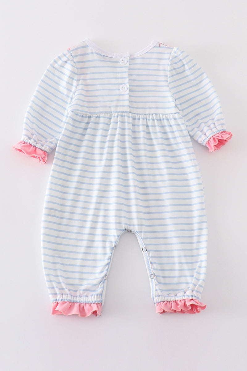 Blue stripe valentine heart embroidery girl romper