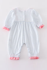 Blue stripe valentine heart embroidery girl romper