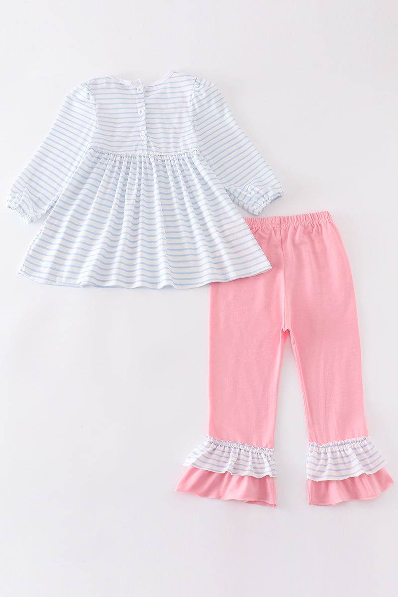 Blue stripe valentine heart embroidery girl set